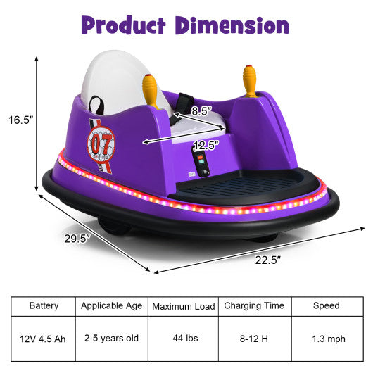 12V Electric Kids Ride On Bumper Car with Flashing Lights for Toddlers-Purple
