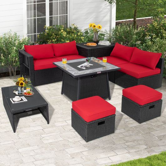 9 Pieces Outdoor Wicker Sectional with 35 Inch Gas Fire Pit Table-Red