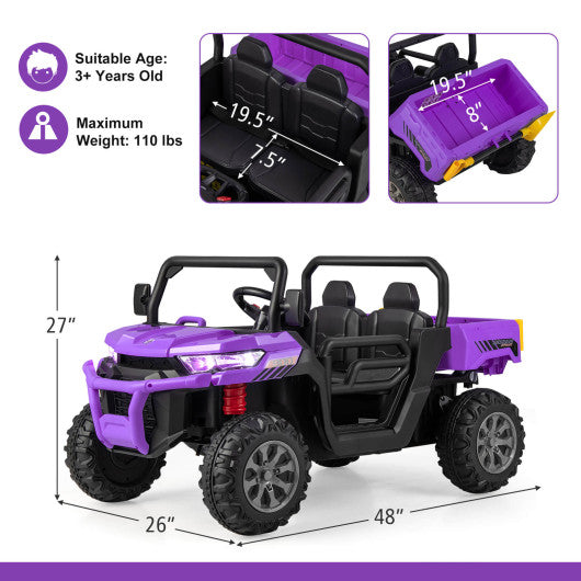 12V 2-Seater Kids Ride On Dump Truck with Dump Bed and Shovel-Purple