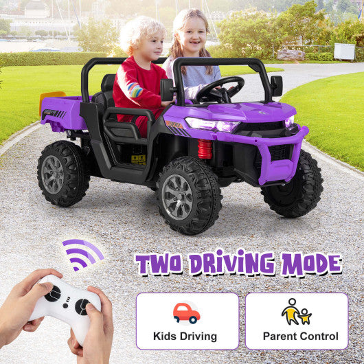 12V 2-Seater Kids Ride On Dump Truck with Dump Bed and Shovel-Purple