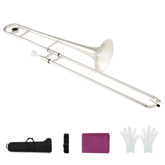 Slide Trombone for Beginners with Portable Case and Shoulder Strap-Silver