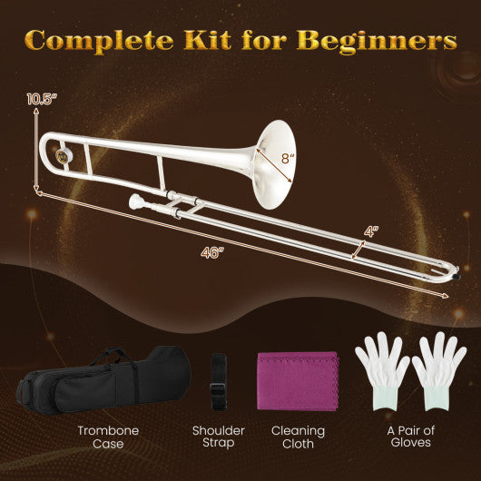 Slide Trombone for Beginners with Portable Case and Shoulder Strap-Silver