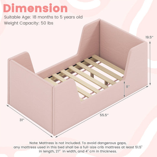 Soft Velvet Fabric Toddler Bed Frame with Safety Rails-Pink