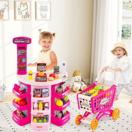 Supermarket Playset for Kids 76 PCS Pretend Play Grocery Store Set with Shopping Cart-Pink