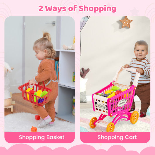 Supermarket Playset for Kids 76 PCS Pretend Play Grocery Store Set with Shopping Cart-Pink