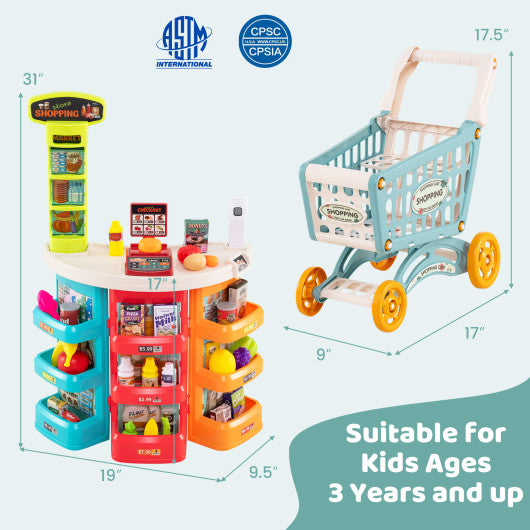 Supermarket Playset for Kids 76 PCS Pretend Play Grocery Store Set with Shopping Cart-Blue