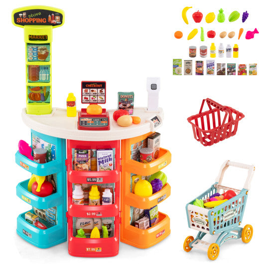 Supermarket Playset for Kids 76 PCS Pretend Play Grocery Store Set with Shopping Cart-Blue