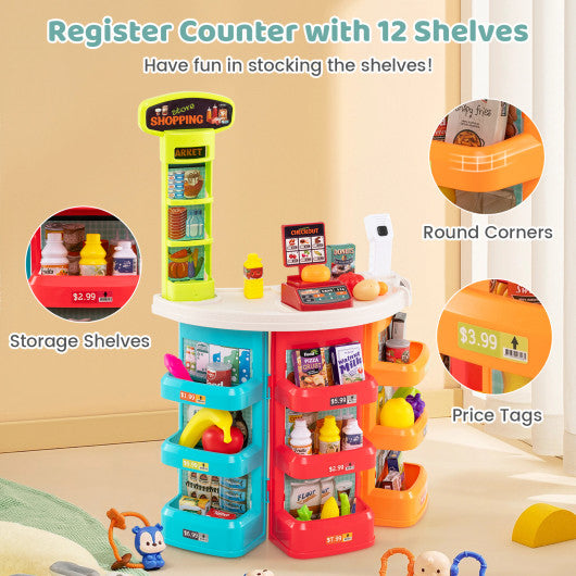 Supermarket Playset for Kids 76 PCS Pretend Play Grocery Store Set with Shopping Cart-Blue