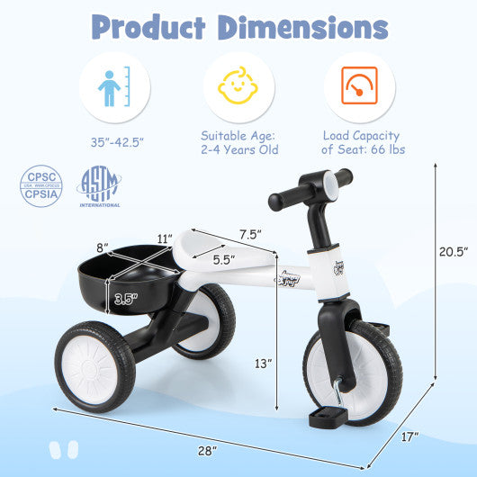 Toddler Convertible Trike with 86¡ã Limited Steering Angle and Carbon Steel Frame-White