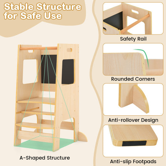 Toddler Kitchen Step Stool with Activity Chalkboard and Adjustable Height-Natural