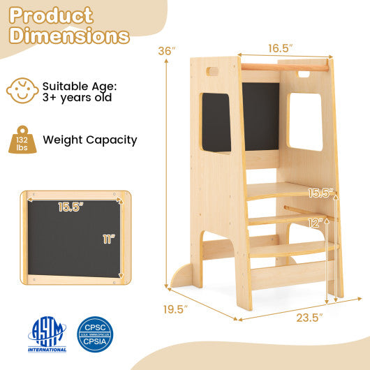 Toddler Kitchen Step Stool with Activity Chalkboard and Adjustable Height-Natural
