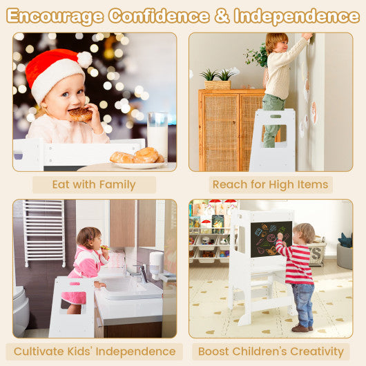 Toddler Kitchen Step Stool with Activity Chalkboard and Adjustable Height-White