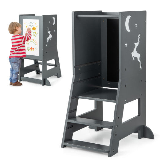 Toddler Kitchen Stool Baby Standing Tower with Chalkboard and Whiteboard-Gray