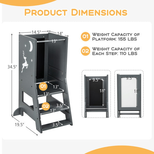 Toddler Kitchen Stool Baby Standing Tower with Chalkboard and Whiteboard-Gray