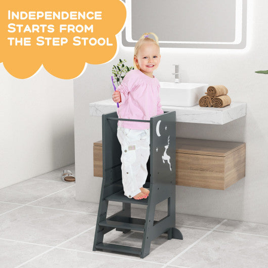 Toddler Kitchen Stool Baby Standing Tower with Chalkboard and Whiteboard-Gray