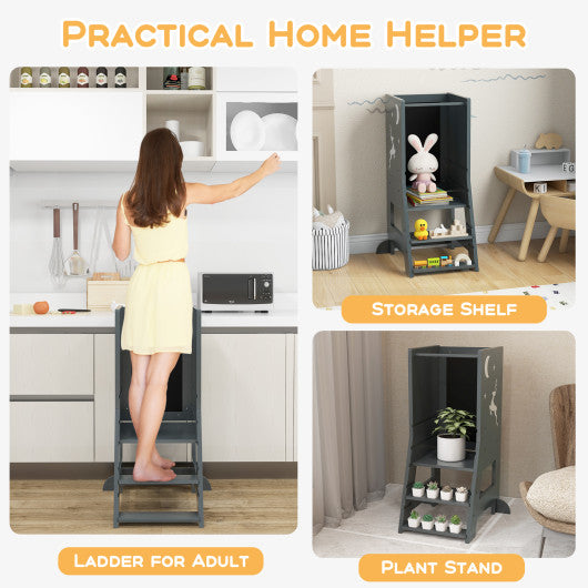 Toddler Kitchen Stool Baby Standing Tower with Chalkboard and Whiteboard-Gray