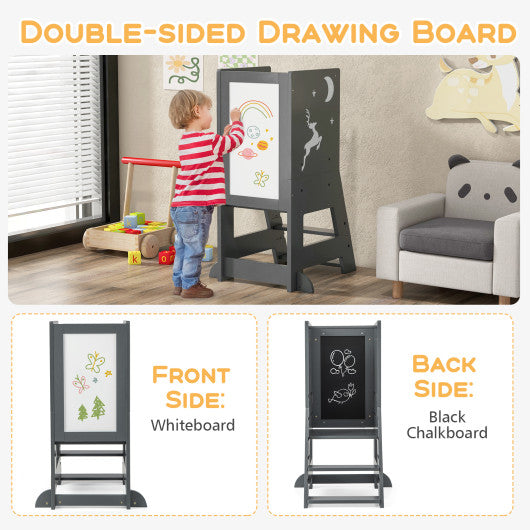 Toddler Kitchen Stool Baby Standing Tower with Chalkboard and Whiteboard-Gray