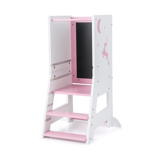 Toddler Kitchen Stool Baby Standing Tower with Chalkboard and Whiteboard-Pink