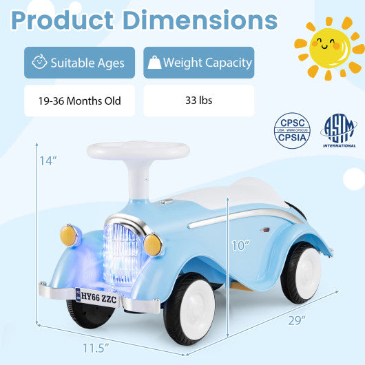 Toddler Ride on Toy Classic Sliding Car with Horn and LED Headlight-Blue