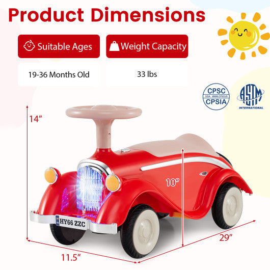 Toddler Ride on Toy Classic Sliding Car with Horn and LED Headlight-Red