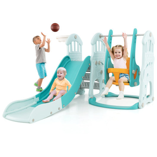 Toddler Slide and Swing Set with Extra-long Slide Height Adjustable Swing Basketball Hoop and Climber