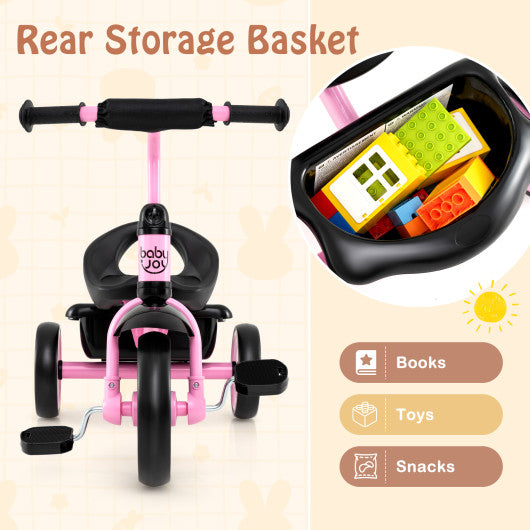 Toddler Tricycle Kids Trike with Adjustable Seat and Storage Basket Aged 3-5 Years Old-Pink