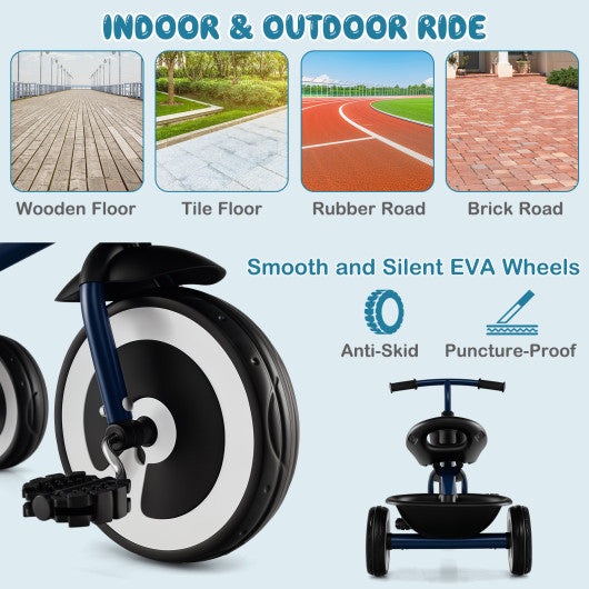 Toddler Tricycle with Adjustable Seat and Storage Baskets for 1.5-5 Years Old-Navy