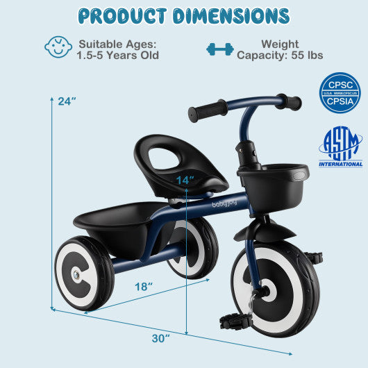 Toddler Tricycle with Adjustable Seat and Storage Baskets for 1.5-5 Years Old-Navy