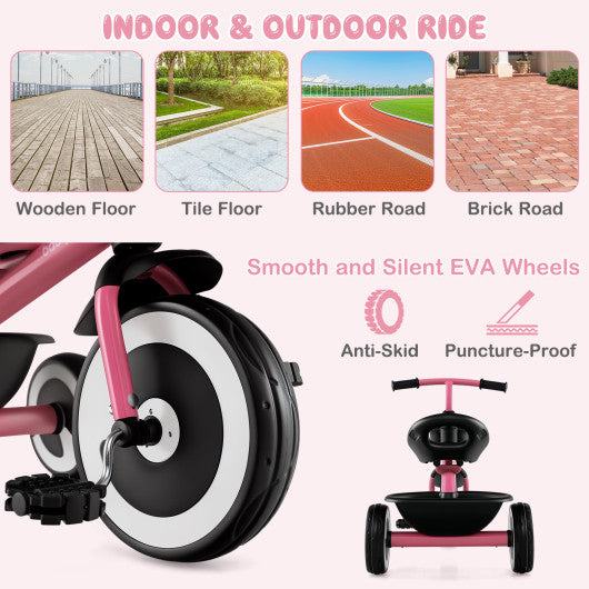 Toddler Tricycle with Adjustable Seat and Storage Baskets for 1.5-5 Years Old-Pink