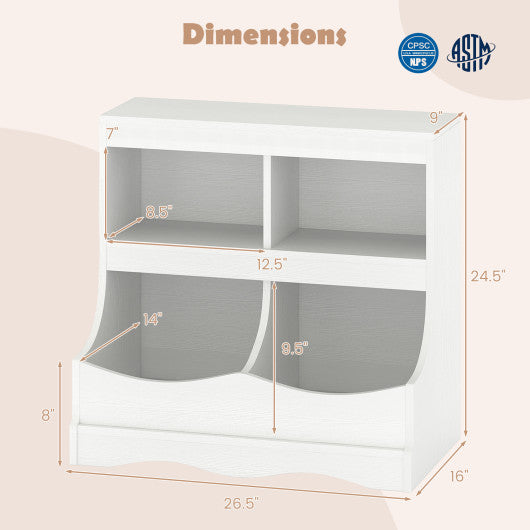 Toy Storage Organizer 4-Cubby Kids Bookcase for Toys and Books-White