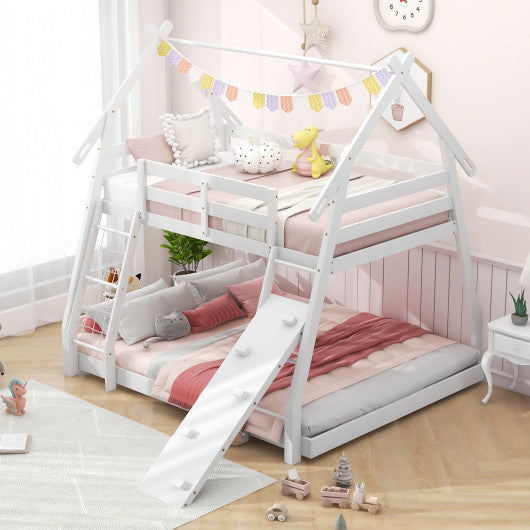 Twin Over Queen Bunk Bed Wooden Kids Bed with Climbing Nets and Ramp-White