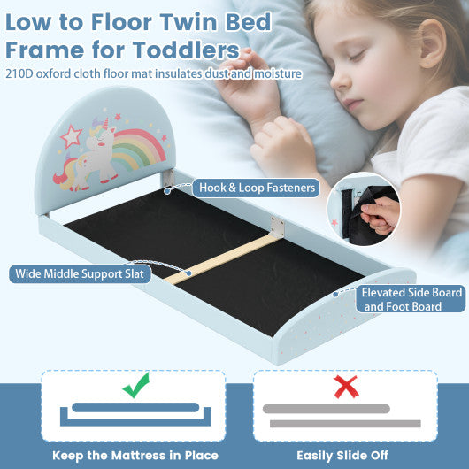 Twin Floor Bed Frame Upholstered Twin Size Kids Floor Bed with 210D Oxford Cloth Floor Mat-Blue