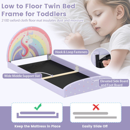 Twin Floor Bed Frame Upholstered Twin Size Kids Floor Bed with 210D Oxford Cloth Floor Mat-Purple