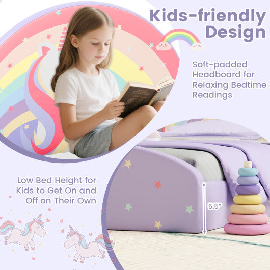 Twin Floor Bed Frame Upholstered Twin Size Kids Floor Bed with 210D Oxford Cloth Floor Mat-Purple