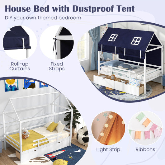 Twin House Bed with Tent and 2 Storage Drawers for Kids-White