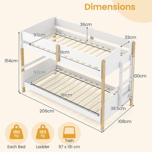 Twin Over Twin Bunk Bed with Ladder Convertible to 2 Twin Beds Toddler Wood Bunk Bed-White