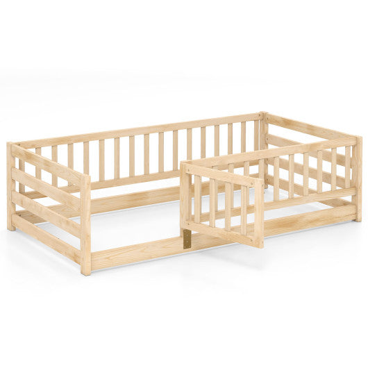 Twin Size Floor Bed with High Fence and Door Playhouse for Kids-Natural