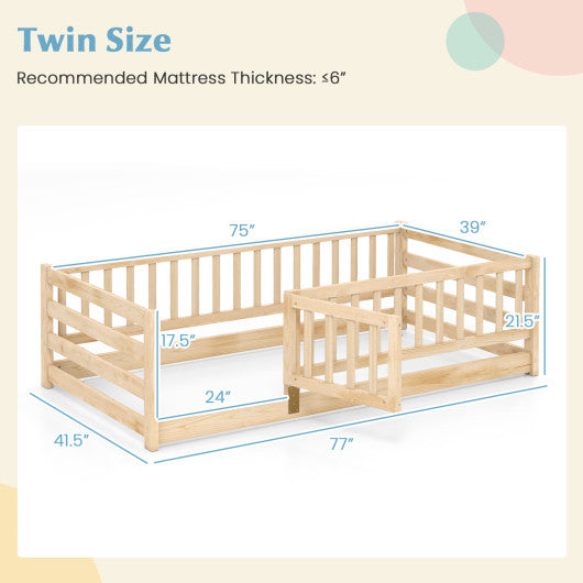 Twin Size Floor Bed with High Fence and Door Playhouse for Kids-Natural