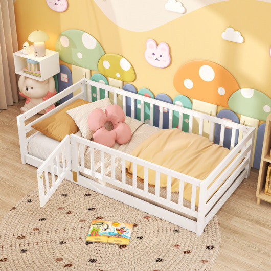 Twin Size Floor Bed with High Fence and Door Playhouse for Kids-White