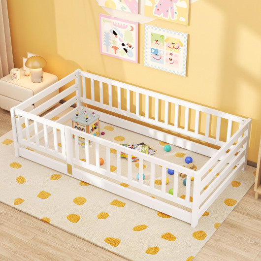 Twin Size Floor Bed with High Fence and Door Playhouse for Kids-White