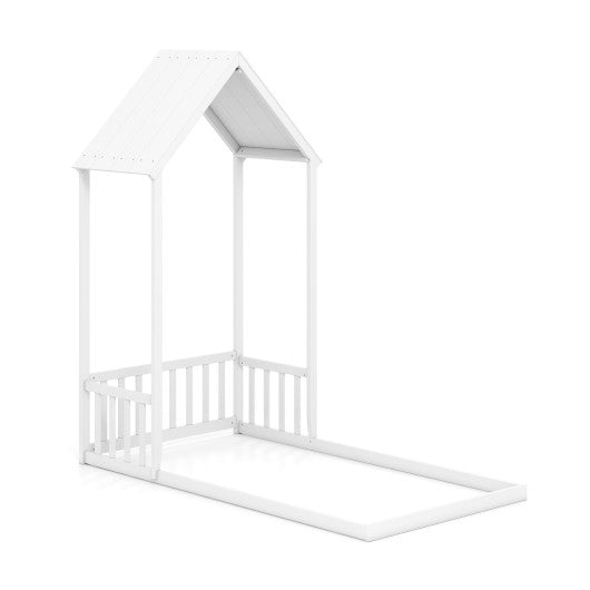 Twin Size House Bed with House Shape Roof and Semi-Fence-White