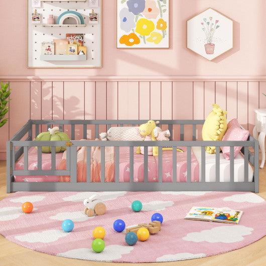 Twin Size Kids Wood Montessori Floor Bed with Door and Fence-Gray