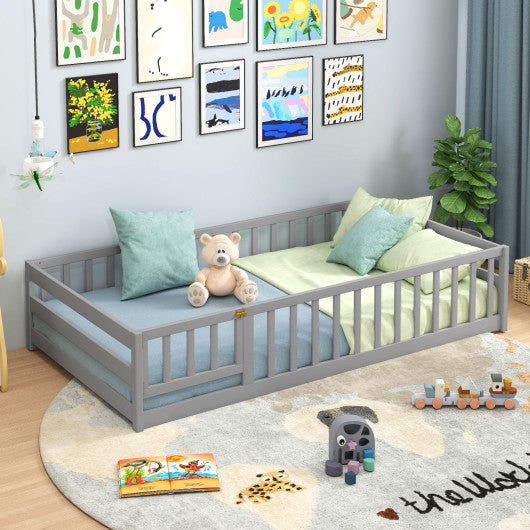 Twin Size Kids Wood Montessori Floor Bed with Door and Fence-Gray