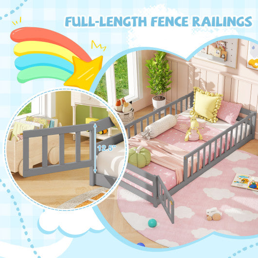 Twin Size Kids Wood Montessori Floor Bed with Door and Fence-Gray