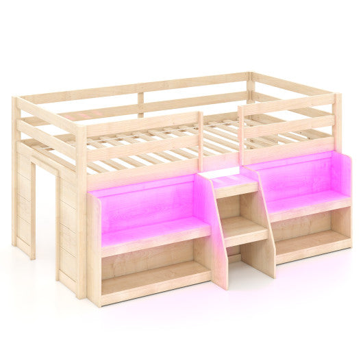 Twin Size Loft Bed with LED Lights with Staircase and Safety Guardrail-Natural