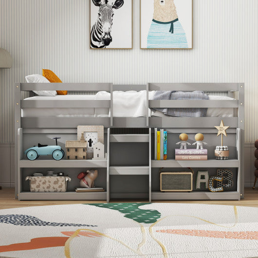 Twin Size Loft Bed with LED Lights with Staircase and Safety Guardrail-Gray