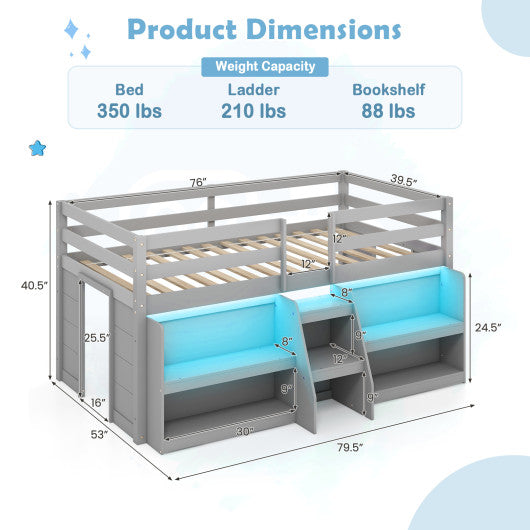 Twin Size Loft Bed with LED Lights with Staircase and Safety Guardrail-Gray
