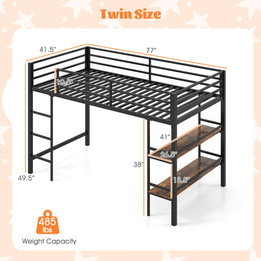 Twin Size Low Loft Bed with Ladder and Storage Shelves Metal Frame for Boys Girls-Black