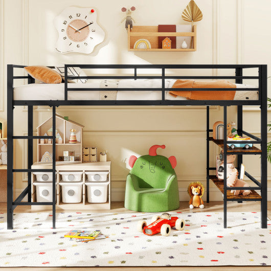 Twin Size Low Loft Bed with Ladder and Storage Shelves Metal Frame for Boys Girls-Black