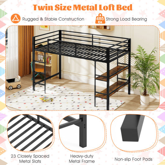 Twin Size Low Loft Bed with Ladder and Storage Shelves Metal Frame for Boys Girls-Black